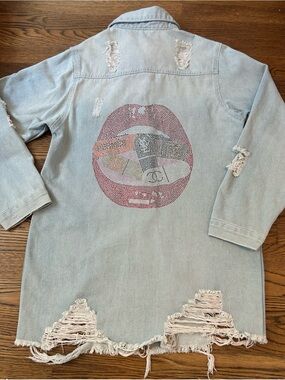 Custom design Fall Denim Jacket with Rhinestone Lip Motif by designer XoxoE